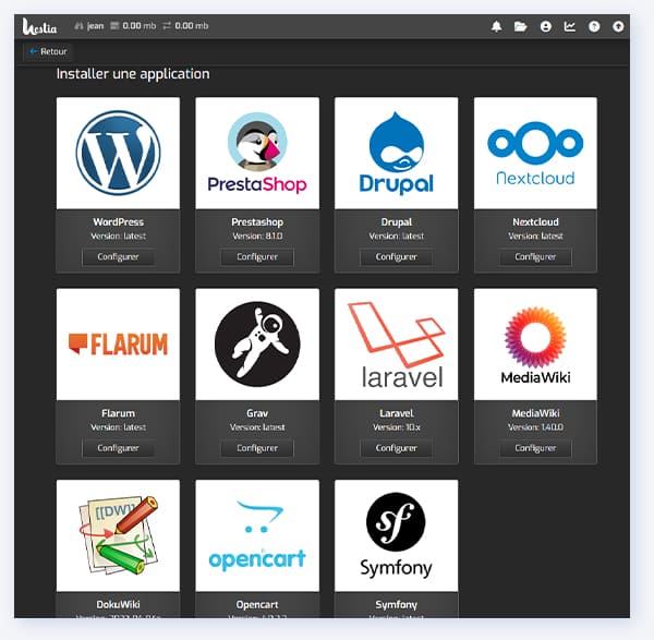 Applications disponibles sur HestiaCP